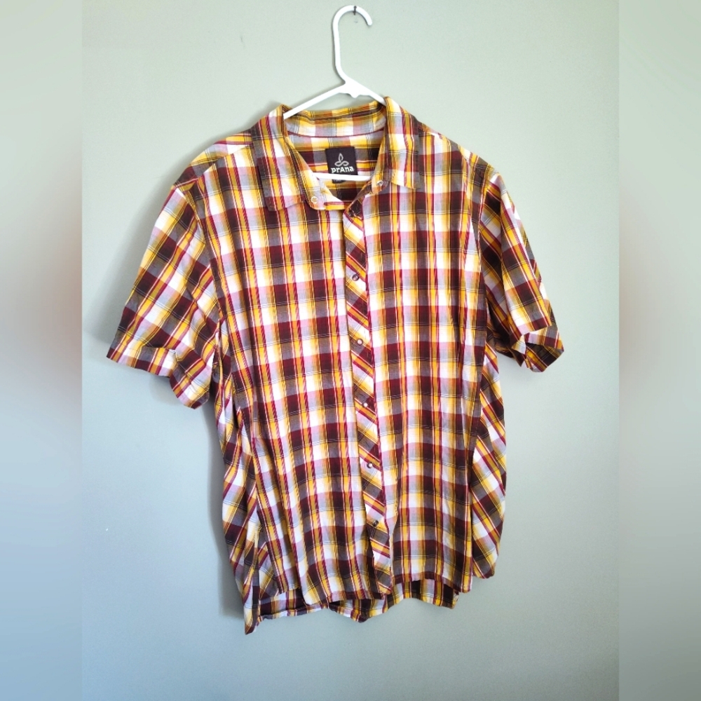 Prana Shirt Mens Size XL Brown Plaid Pearl Snap Western Outdoor Casual